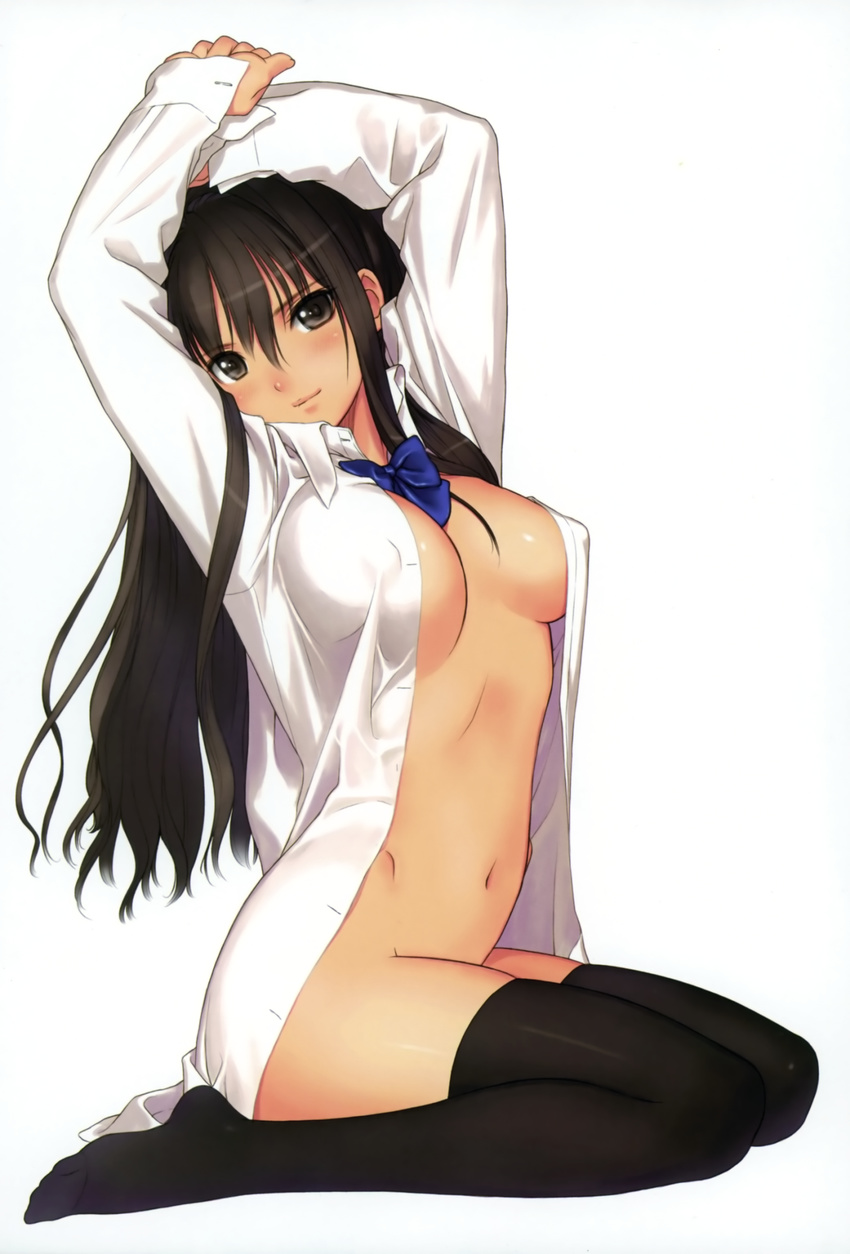 belly_button black_hair blush breasts brown_eyes brown_hair highres long_hair navel no_bra no_panties pantyhose ribbon shirt taka_tony tanaka_takayuki tights very_long_hair