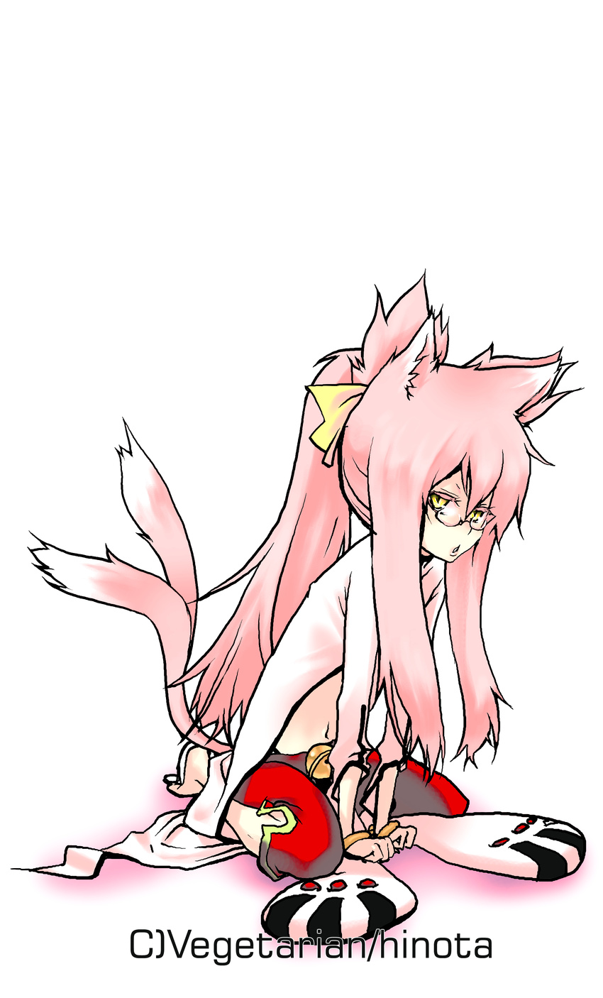 absurdres animal_ears arc_system_works barefoot bell belt blazblue bracelet cat_ears cat_eyes cat_tail feet female full_body glasses gradient gradient_background highres hinota jewelry kokonoe long_hair midriff multiple_tails pants pink_hair ponytail ribbon sitting slit_pupils solo tail white_background yellow_eyes yellow_ribbon