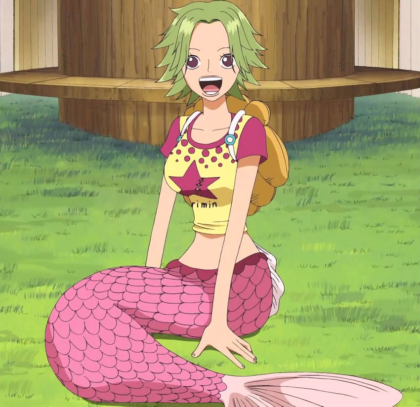 1girl brown_eyes camie green_hair highres mermaid monster_girl one_piece open_mouth raglan_sleeves sabaody_archipelago short_hair sitting thousand_sunny