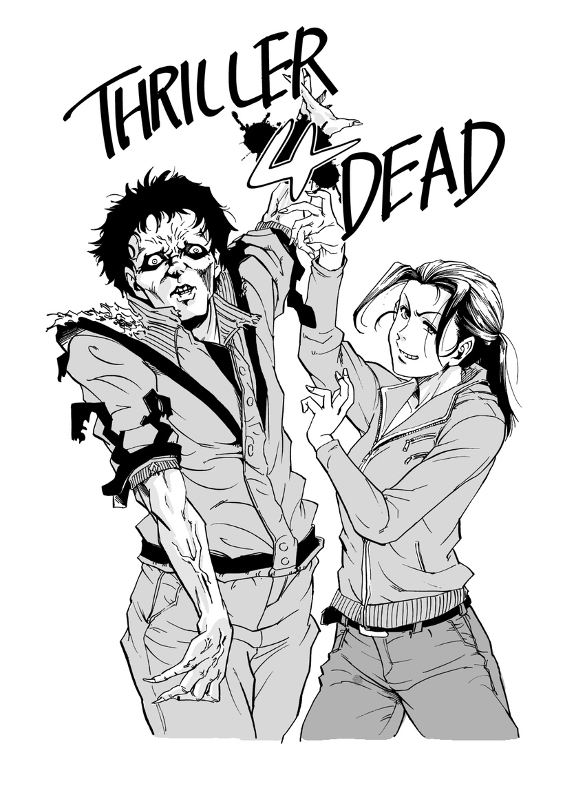 belt crossover flat_n highres jacket left_4_dead long_hair michael_jackson monochrome pants parody ponytail short_hair smile thriller torn_clothes zoey_(left4dead) zombie