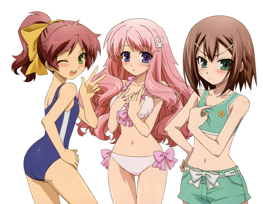 2girls baka_to_test_to_shoukanjuu bikini blush breasts highres himeji_mizuki kinoshita_hideyoshi legs long_hair multiple_girls pink_hair render shimada_minami short_hair smile swimsuit trap wink