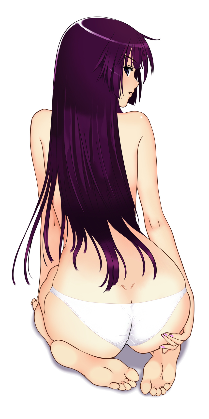 1girl absurdres arm_support arms ass back bakemonogatari bangs bare_shoulders barefoot blue_eyes body_blush butt_crack dimples_of_venus elbow feet female fingernails from_behind full_body hand_on_ass hands highres hips kneeling long_hair long_image looking_at_viewer looking_back lowleg lowleg_panties monogatari_(series) nail_polish open_mouth panties panties_only pink_nails profile purple_hair senjougahara_hitagi shadow shiny shiny_hair simple_background skindentation soles solo taka_tony tall_image tanaka_takayuki toes topless transparent_background underwear underwear_only vector vector_trace white_panties