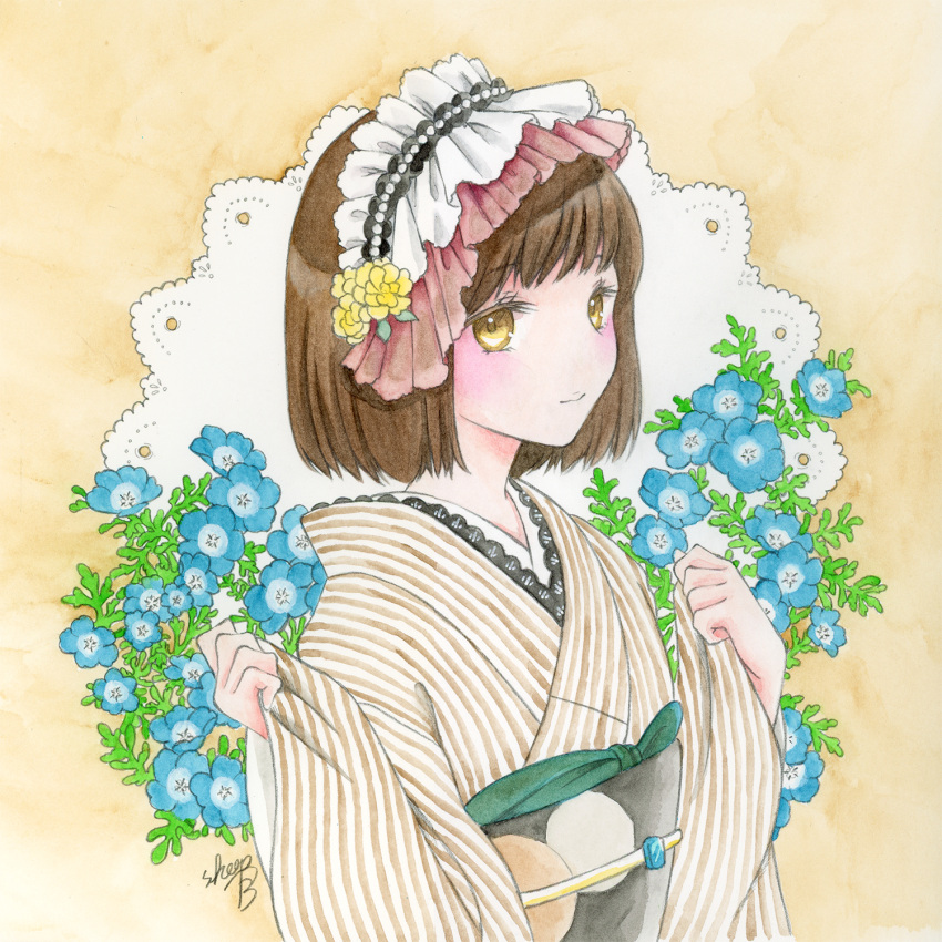1girl bangs blue_flower blush brown_background brown_eyes brown_hair closed_mouth commentary doily english_commentary flower hands_up highres japanese_clothes kimono long_sleeves looking_at_viewer obi original pinching_sleeves sash sheepd short_hair simple_background sleeves_past_wrists solo striped striped_kimono traditional_media upper_body vertical-striped_kimono vertical_stripes watercolor_pencil_(medium) wide_sleeves yellow_flower