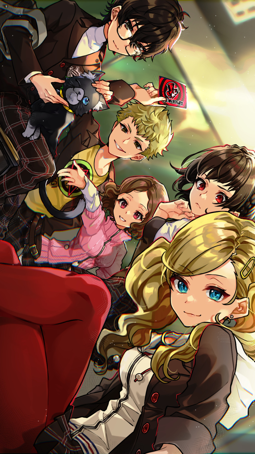 2boys 3girls amamiya_ren black_hair black_jacket blazer blonde_hair blue_eyes brown_eyes brown_hair cat earrings glasses hair_ornament hairclip highres hood hoodie jacket jewelry kamo860 morgana_(persona_5) multiple_boys multiple_girls niijima_makoto okumura_haru pants pantyhose persona persona_5 plaid plaid_pants plaid_skirt red_eyes red_pantyhose sakamoto_ryuuji school_uniform short_hair shuujin_academy_school_uniform skirt takamaki_anne twintails white_pantyhose