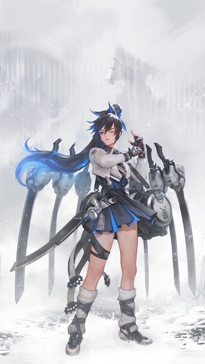 1girl absurdres black_hair blue_eyes blue_hair copyright_request gloves highres instant_ip long_hair multicolored_hair one_eye_closed skirt snow snowing sword weapon