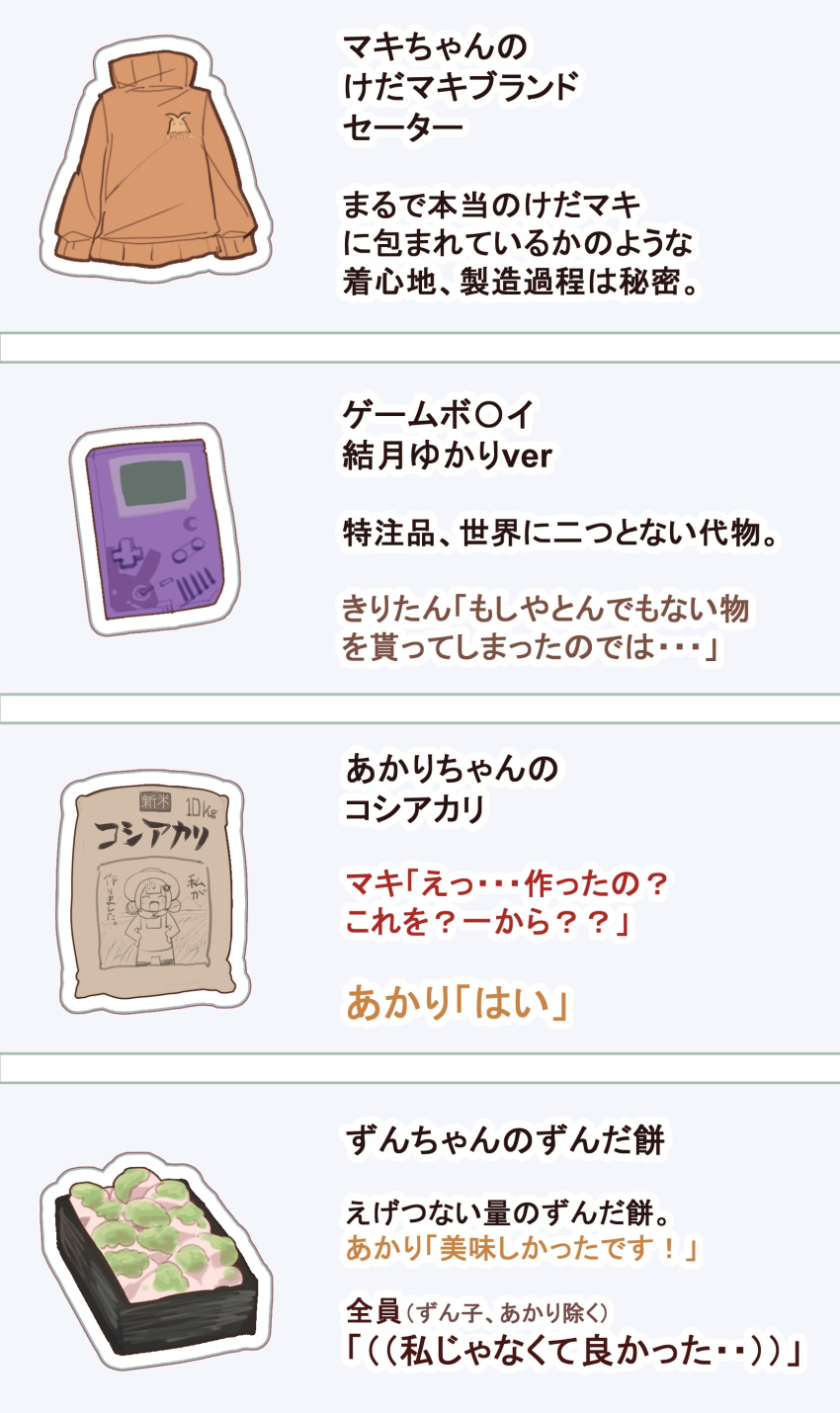 absurdres bag character_print commentary game_boy handheld_game_console highres juubako kedamakimaki kizuna_akari list logo no_humans orange_sweater siwasunohige sweater translated tsurumaki_maki turtleneck turtleneck_sweater vocaloid voiceroid yuzuki_yukari zunda_mochi