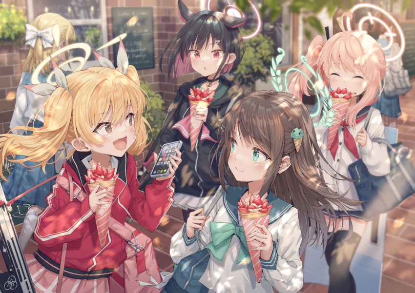 6+girls :d airi_(blue_archive) animal_ears assault_rifle bag black_hair blonde_hair blue_archive blue_bow blue_bowtie blue_eyes blue_sailor_collar bow bowtie bren_lmg brown_hair cellphone closed_eyes closed_mouth colored_inner_hair crepe day eating extra_ears floating_hair fn_scar food food-themed_hair_ornament gun hair_bow hair_ornament hair_ribbon halo highres hirokazu_(analysis-depth) holding holding_food holding_phone ice_cream_hair_ornament jacket kazusa_(blue_archive) light_machine_gun long_hair long_sleeves miniskirt multicolored_hair multiple_girls natsu_(blue_archive) outdoors parted_lips phone pink_hair pink_skirt red_eyes red_jacket ribbon rifle sailor_collar school_uniform serafuku shirt short_hair shoulder_bag side_ponytail skirt smartphone smile thighhighs twintails weapon white_shirt yoshimi_(blue_archive)