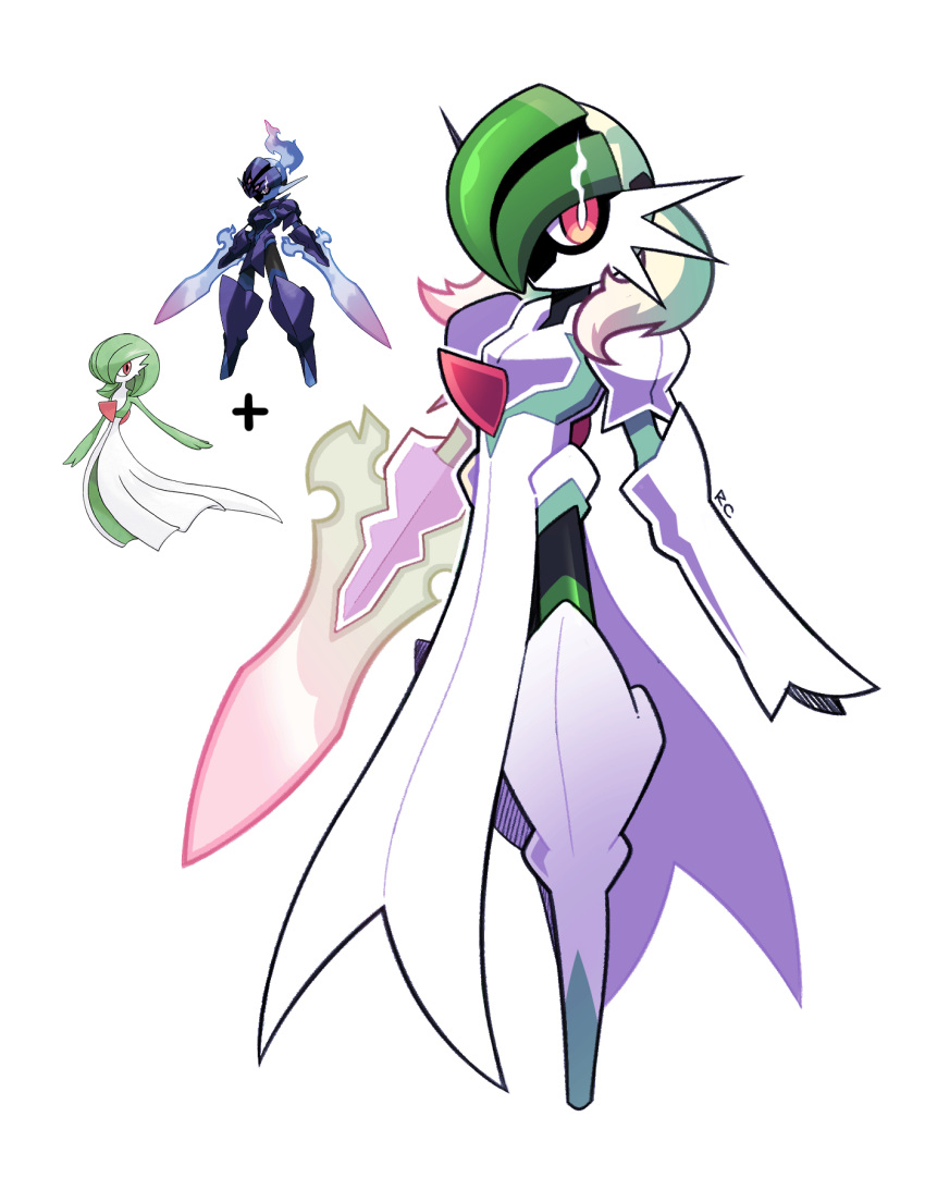 artsy-rc ceruledge fusion gardevoir highres looking_at_viewer no_humans pokemon pokemon_(creature) simple_background sword weapon white_background