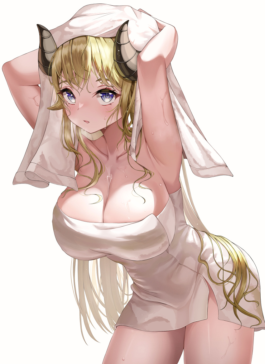 1girl absurdres armpits arms_behind_head arms_up bangs blonde_hair breasts breath chanpower233 cleavage commentary_request covering cowboy_shot drying drying_hair highres holding holding_towel hololive horns large_breasts leaning_forward long_hair looking_at_viewer naked_towel nude_cover parted_lips purple_eyes sheep_girl sheep_horns sidelocks simple_background solo thighs towel tsunomaki_watame virtual_youtuber wet white_background white_towel