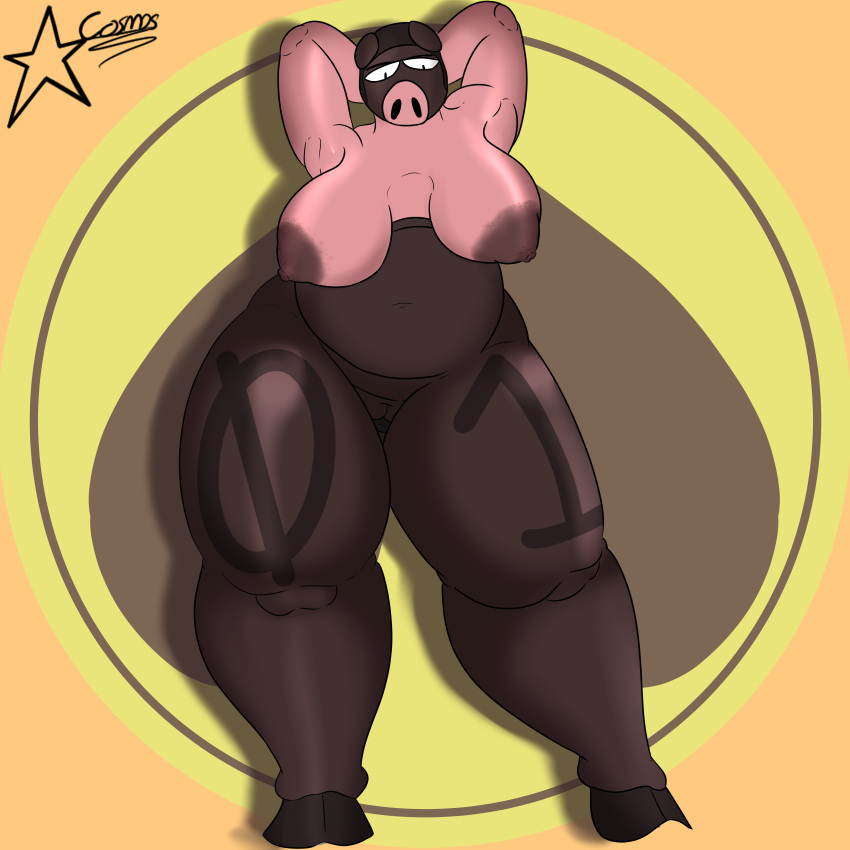 absurd_res anthro big_breasts big_butt breasts butt chubby_female clothing cosmosarts female fupa genitals hi_res legwear mammal mask number_print overweight pantyhose piggybank_(gnerd) plump_labia pussy sagging_breasts solo suina thick_thighs wide_hips