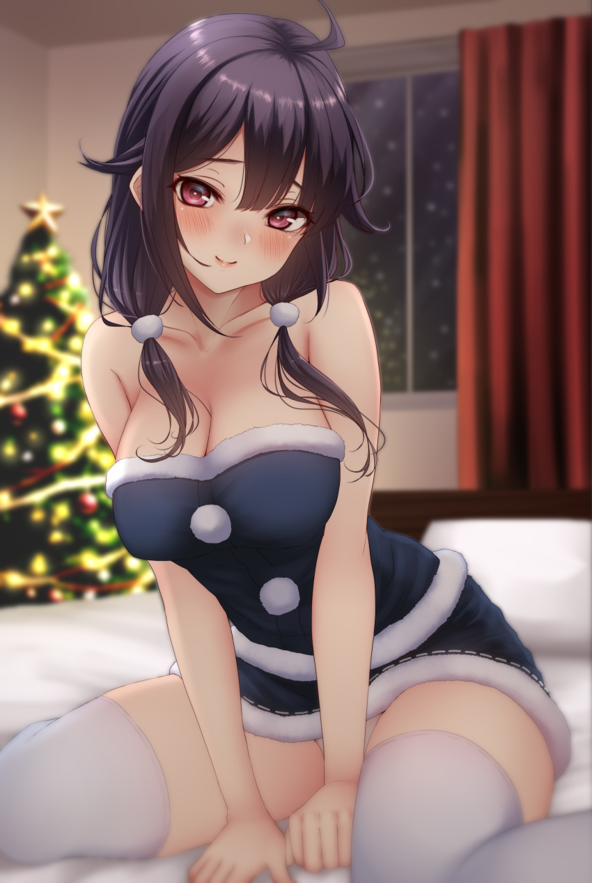 1girl absurdres ahoge blush breasts christmas_tree cleavage closed_mouth collarbone curtains highres kantai_collection large_breasts long_hair low_twintails nuka_(nvkka) pom_pom_(clothes) purple_hair red_eyes smile solo taigei_(kancolle) thighhighs twintails white_thighhighs window