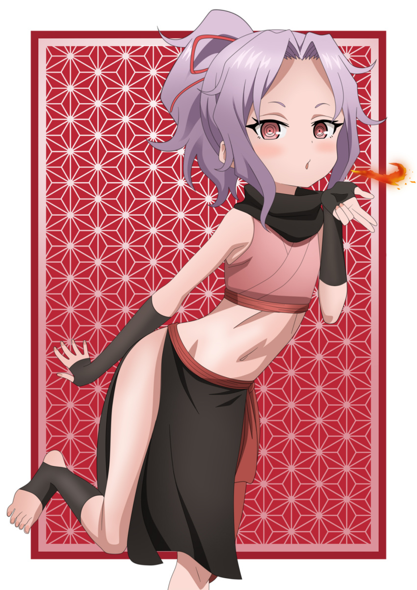 1girl breathing_fire fingerless_gloves fire gloves highres kunoichi_tsubaki_no_mune_no_uchi midriff navel ninja pelvic_curtain riokasen sazanka_(kunoichi_tsubaki_no_mune_no_uchi) toeless_legwear toes