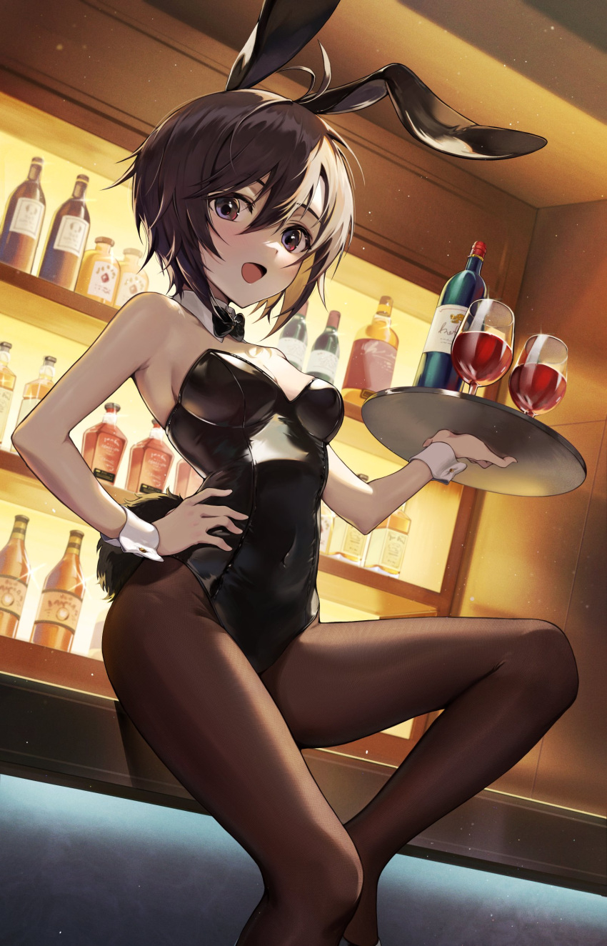 1girl absurdres animal_ears antenna_hair bar_(place) black_eyes black_hair black_leotard bottle bow bowtie cup detached_collar drinking_glass dutch_angle fake_animal_ears fake_tail hd_(sw4189101) highres idolmaster idolmaster_(classic) idolmaster_2 kikuchi_makoto leotard looking_at_viewer pantyhose playboy_bunny rabbit_ears rabbit_tail red_wine solo strapless strapless_leotard tail tray wine_bottle wine_glass wrist_cuffs