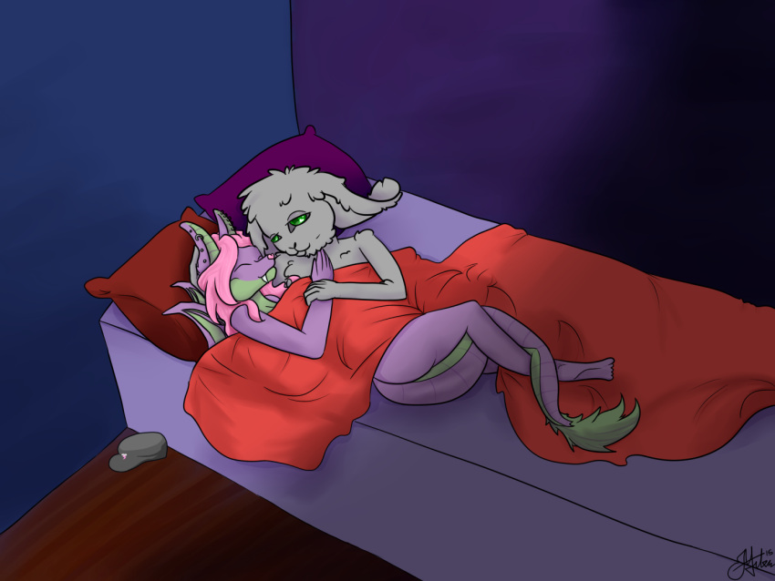 anthro bavillabunn3 bed butt cuddling digital_media_(artwork) dragon duo embrace eyes_closed female fur furniture hair hand_holding hand_in_hair horn lagomorph leporid lying lying_on_bed male male/female mammal mangajag nude on_bed pillow rabbit scalie simple_background smile touching_hair under_covers wings