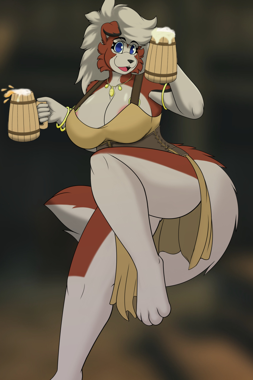 absurd_res alcohol anthro beer bethesda_softworks beverage big_breasts breasts canid canine canis clothed clothing coloredprinter container corset digital_media_(artwork) female fur generation_7_pokemon hair hi_res holding_mug holding_object jewelry lingerie looking_at_viewer lycanroc mammal midnight_lycanroc mug multicolored_body multicolored_fur necklace nintendo open_mouth papercut_(character) pokemon pokemon_(species) skyrim smile solo tankard the_elder_scrolls thick_thighs topwear wolf