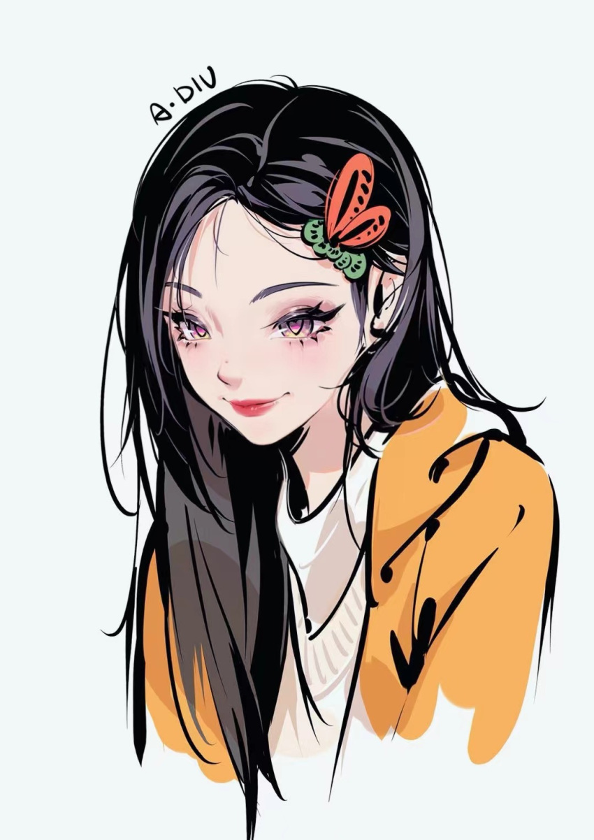 1girl animification aoye_de_a_diu artist_name black_hair chinese_commentary grey_background hair_ornament hairclip heart heart-shaped_pupils highres hood hoodie itzy k-pop orange_hoodie pink_pupils portrait real_life red_lips smile solo sweater symbol-shaped_pupils white_sweater yeji_(itzy)