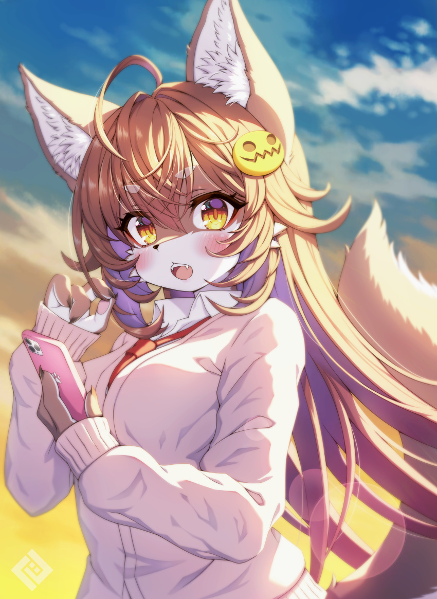 2022 absurd_res ahoge anthro blush breasts canid canine canis cardigan clothed clothing digital_media_(artwork) female female_anthro fur hair half-length_portrait hi_res kemono long_hair looking_at_viewer mammal multicolored_body multicolored_fur open_mouth portrait solo tsu_ji wolf