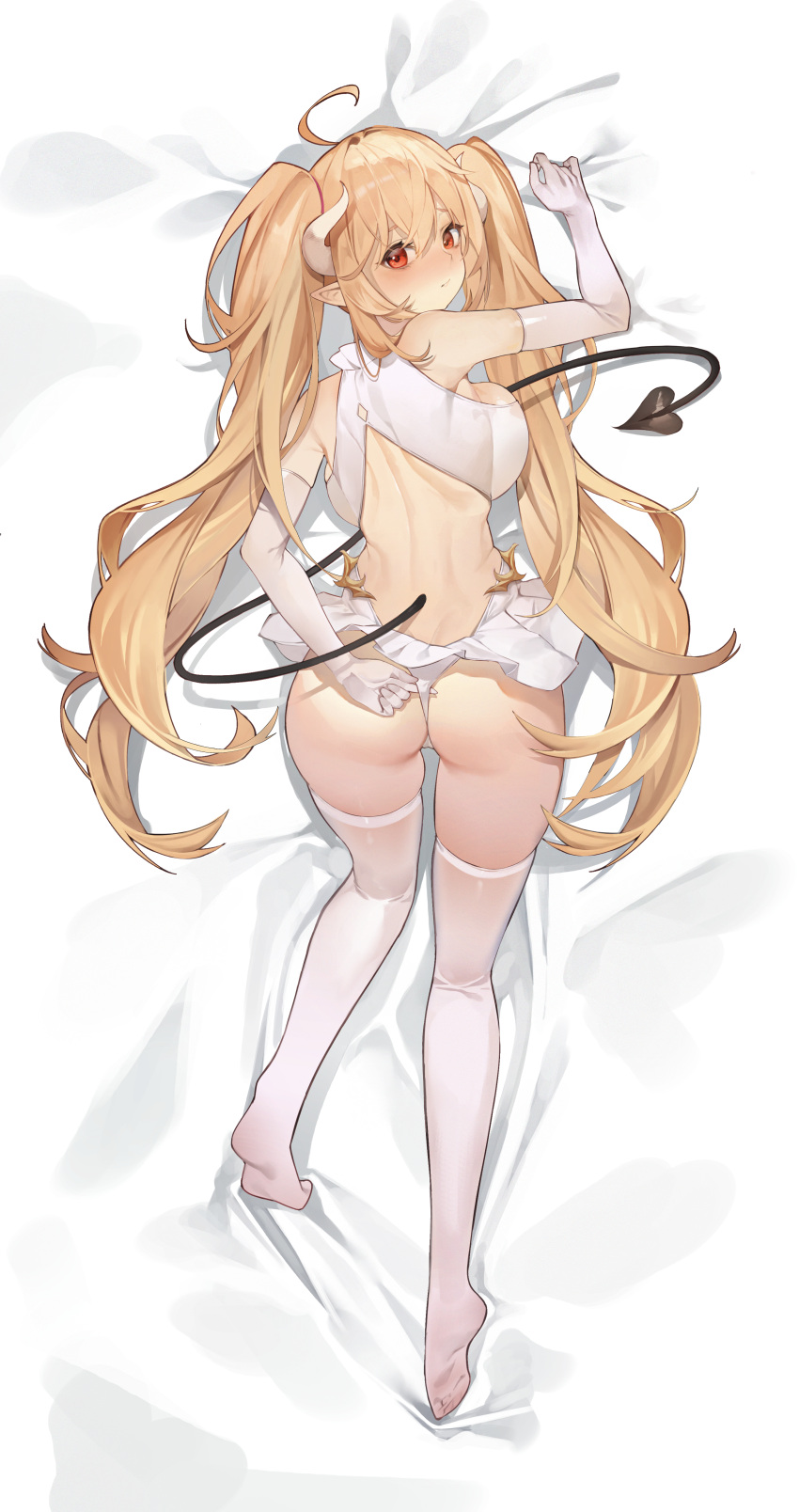 1girl absurdres ahoge ass backboob backless_dress backless_outfit bare_shoulders bed_sheet blonde_hair blush breasts character_request chukibabo2 dakimakura_(medium) demon_girl demon_horns demon_tail dress dungeon_and_fighter full_body gloves highres horns large_breasts long_hair lying on_back on_stomach pointy_ears red_eyes sleeveless sleeveless_dress solo tail tail_between_breasts thighhighs twintails underboob very_long_hair white_dress white_gloves white_thighhighs
