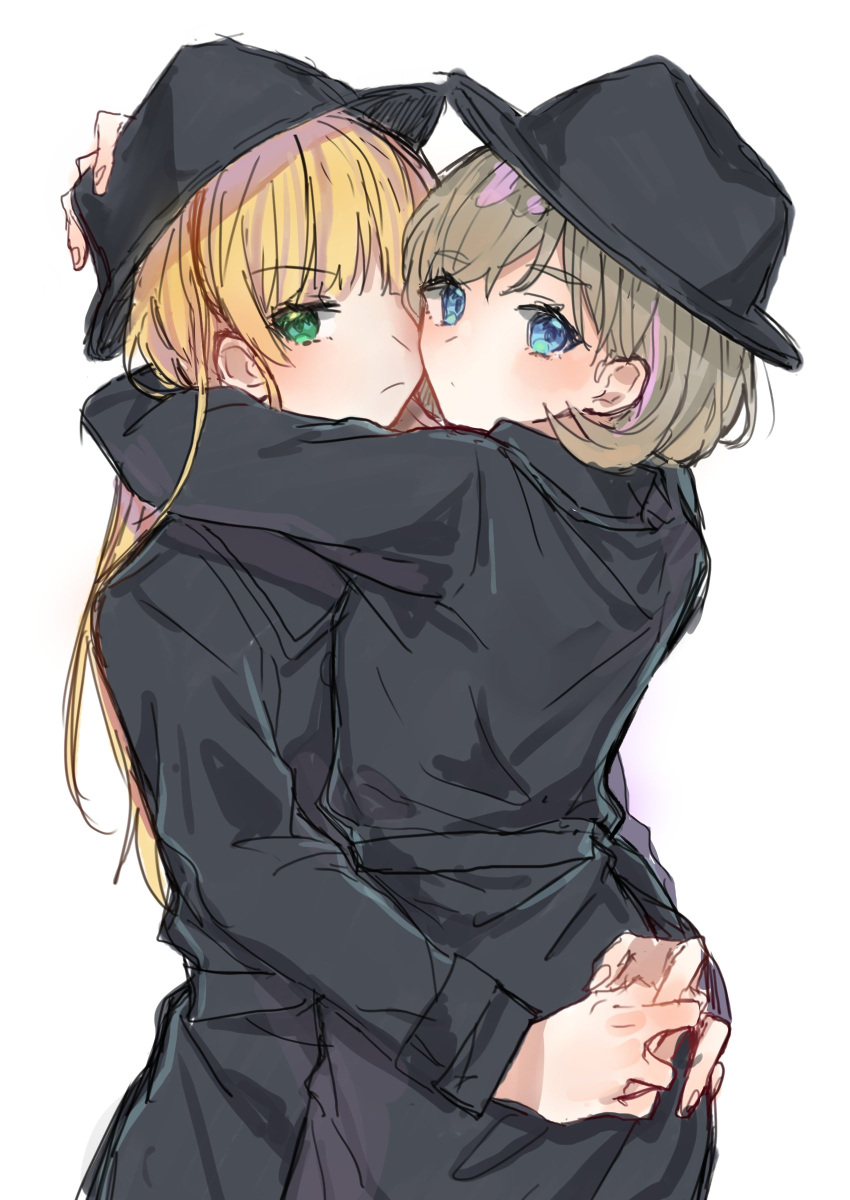 2girls absurdres bangs black_headwear black_jacket blonde_hair blue_eyes brown_hair fedora green_eyes hand_on_another's_ass hat heanna_sumire highres hug jacket love_live! love_live!_superstar!! multicolored_hair multiple_girls ouga_0505 purple_hair sketch streaked_hair tang_keke white_background yuri