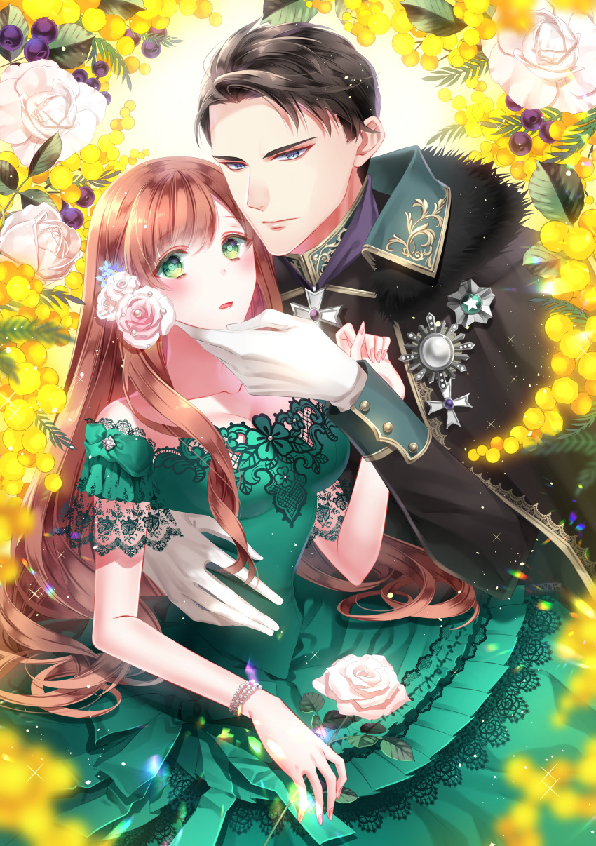 1boy 1girl absurdres araragi_soushi black_hair blush brown_hair dress eye_contact flower formal fur_trim gloves green_dress green_eyes grey_suit hair_flower hair_ornament hetero highres holding holding_flower jewelry lipstick long_hair long_sleeves looking_at_another looking_at_viewer makeup medal necklace official_art original parted_lips purple_eyes short_hair suit very_long_hair white_background white_gloves wristband
