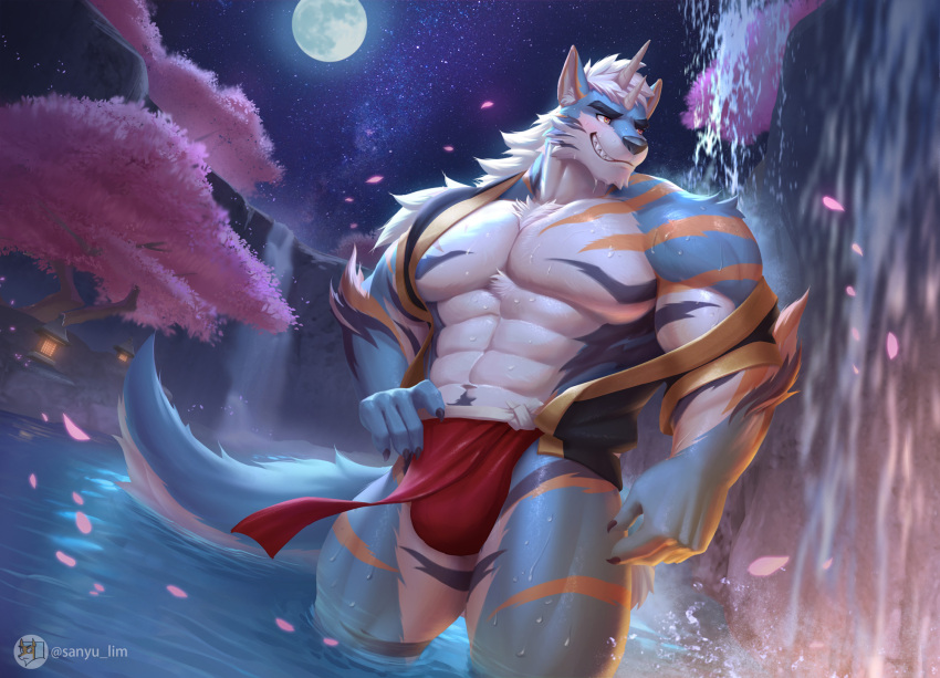 anthro asian_clothing blue_body blue_fur bulge canid canine cherry_blossom cherry_blossom_tree cherry_tree claws clothing countershade_face countershade_fur countershade_torso countershading east_asian_clothing fruit_tree full_moon fundoshi fur hi_res horn japanese_clothing male mammal moon muscular muscular_anthro muscular_male night partially_submerged pecs plant red_clothing red_fundoshi red_underwear sanyu_lim solo tree underwear water waterfall