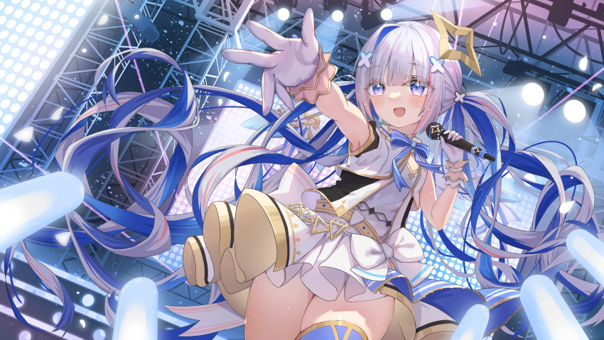 1girl :d absurdres amane_kanata blue_hair blush colored_inner_hair dress dutch_angle gloves glowstick grey_hair hair_ornament highres holding holding_microphone hololive hololive_idol_uniform juu_p long_hair microphone multicolored_hair open_mouth purple_eyes single_thighhigh smile solo thighhighs thighs twintails very_long_hair zettai_ryouiki