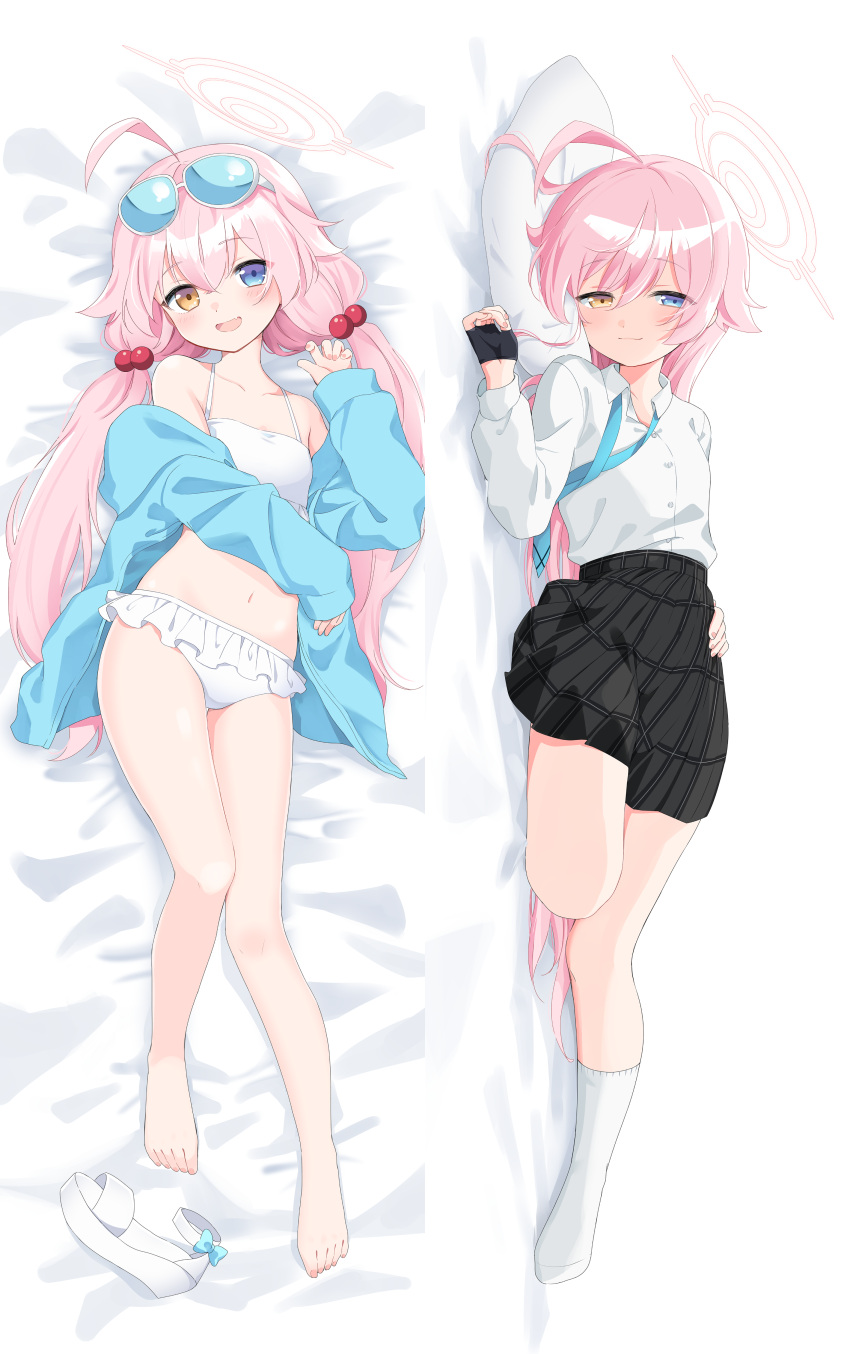 1girl absurdres ahoge bangs barefoot bed_sheet bikini black_gloves blue_archive blue_eyes blue_necktie blush breasts collared_shirt dakimakura_(medium) eyewear_on_head fingerless_gloves frilled_bikini frills full_body gloves grey_skirt hair_bobbles hair_ornament halo heterochromia highres hoshino_(blue_archive) hoshino_(swimsuit)_(blue_archive) ica long_hair long_sleeves looking_at_viewer lying multiple_views navel necktie off_shoulder on_back open_mouth pink_hair plaid plaid_skirt pleated_skirt shirt shoes skirt sleeves_past_wrists smile socks swimsuit twintails very_long_hair white_bikini white_shirt yellow_eyes