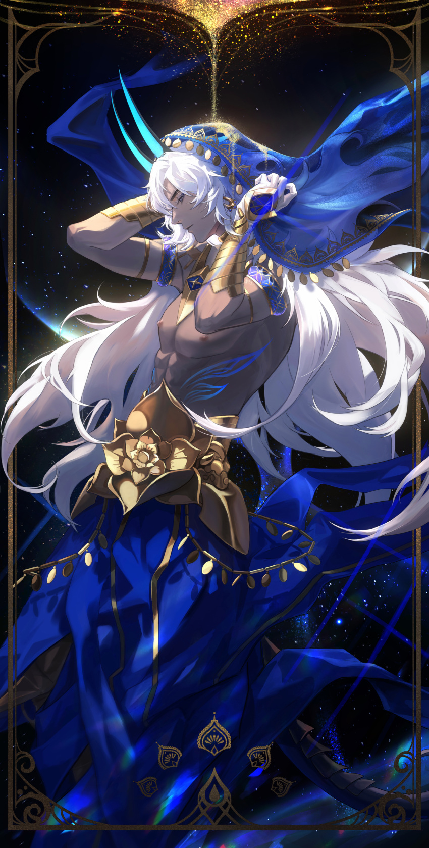 1boy absurdres arjuna_(fate) arjuna_alter_(fate) armlet blue_horns blue_skirt body_markings chinese_commentary collar dark-skinned_male dark_skin diffraction_spikes earrings fate/grand_order fate_(series) feet_out_of_frame framed gloves grey_eyes hair_between_eyes hand_on_headwear highres horns indian_clothes jewelry long_hair looking_ahead nipples parted_lips profile qingyuan skirt sky solo star_(sky) starry_sky tail topless_male vambraces veil white_gloves white_hair