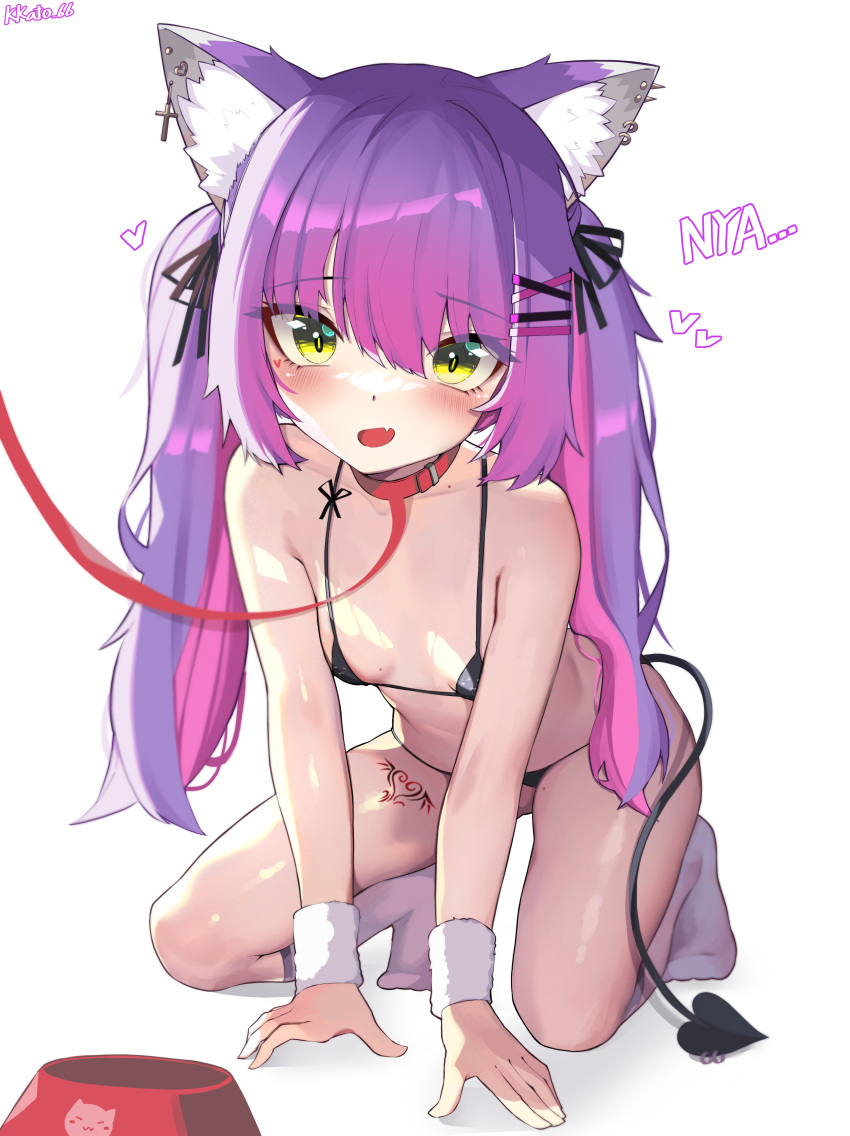 1girl :d absurdres all_fours animal_collar animal_ear_fluff animal_ears artist_name bikini black_bikini blush bowl breasts collar commentary demon_tail ear_piercing fang gradient_hair hair_ornament hair_ribbon hairclip heart highres hololive kemonomimi_mode kkato leash leg_tattoo long_hair looking_at_viewer micro_bikini mole mole_on_breast mole_on_neck mole_on_thigh multicolored_hair nyan open_mouth pet_bowl piercing pink_hair purple_hair ribbon simple_background skin_fang small_breasts smile socks solo swimsuit symbol-only_commentary tail tattoo tokoyami_towa tsurime two-tone_hair two_side_up viewer_holding_leash virtual_youtuber white_background white_socks yellow_eyes