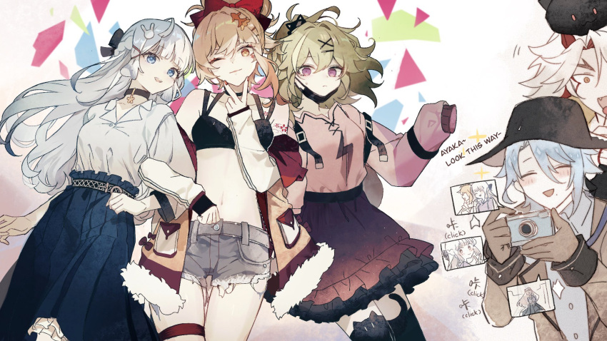 2boys 3girls :d animal_ear_legwear arataki_itto black_bow black_headwear black_shirt black_thighhighs blue_eyes blue_shirt blue_shorts blue_skirt blush boots bow braid brown_coat camera cat_ear_legwear closed_mouth coat commentary contemporary french_braid genshin_impact hair_bow half_updo highres horns jacket kackaorz1 kamisato_ayaka kamisato_ayato kuki_shinobu letterman_jacket lightning_bolt_print long_hair mask_pull midriff mole mole_under_eye multicolored_hair multiple_boys multiple_girls nail_art open_mouth orange_eyes orange_jacket pink_shirt pink_skirt purple_footwear red_bow red_hair red_horns shirt shorts skirt smile streaked_hair taking_picture thigh_strap thighhighs v very_long_hair white_hair white_jacket white_shirt yoimiya_(genshin_impact)