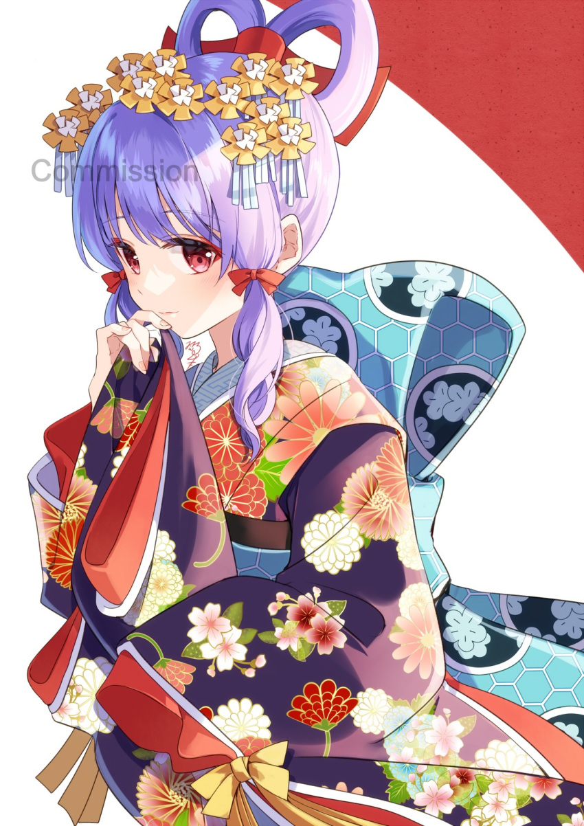 1girl bangs bow character_request closed_mouth commission floral_print flower hair_bow hair_flower hair_ornament hair_rings highres japanese_clothes kimono long_hair long_sleeves maou_no_hajimekata_(dmm) nekozuki_yuki obi pinching_sleeves print_kimono purple_hair purple_kimono red_background red_bow red_eyes sash sidelocks skeb_commission sleeves_past_fingers sleeves_past_wrists solo two-tone_background watermark white_background wide_sleeves yellow_flower