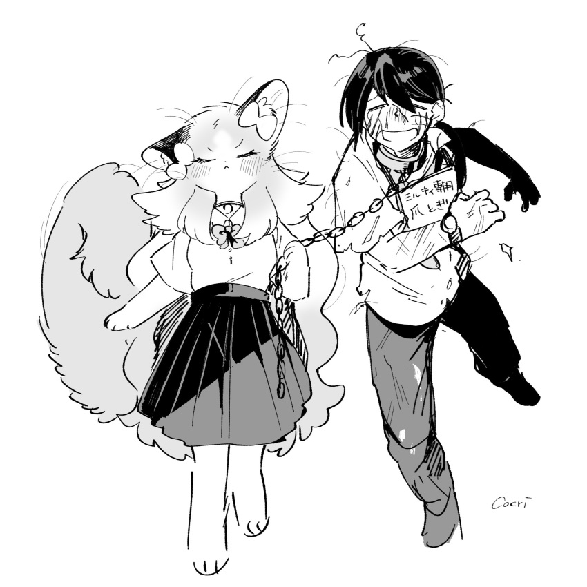 1boy 1girl :&lt; =_= animal_ear_fluff animal_ears animal_feet arm_up artist_name bangs barefoot blush body_fur bow bowtie cat_ears cat_girl cat_tail chain chain_leash closed_eyes closed_mouth cocri collar collared_shirt commentary_request crying dirty dirty_clothes flat_chest full_body furry furry_female greyscale hair_bow hand_up high-waist_skirt highres holding holding_leash holding_paper leash leg_up long_hair messy_hair miniskirt monochrome nervous_smile open_mouth original pants paper pleated_skirt raised_eyebrows school_uniform scratches shiny shiny_hair shirt shirt_tucked_in shoes short_hair short_sleeves signature simple_background sketch skirt smile standing standing_on_one_leg streaming_tears tail tail_raised tears torn_clothes torn_shirt translation_request u_u v-shaped_eyebrows very_long_hair walking watch whiskers white_background wristwatch