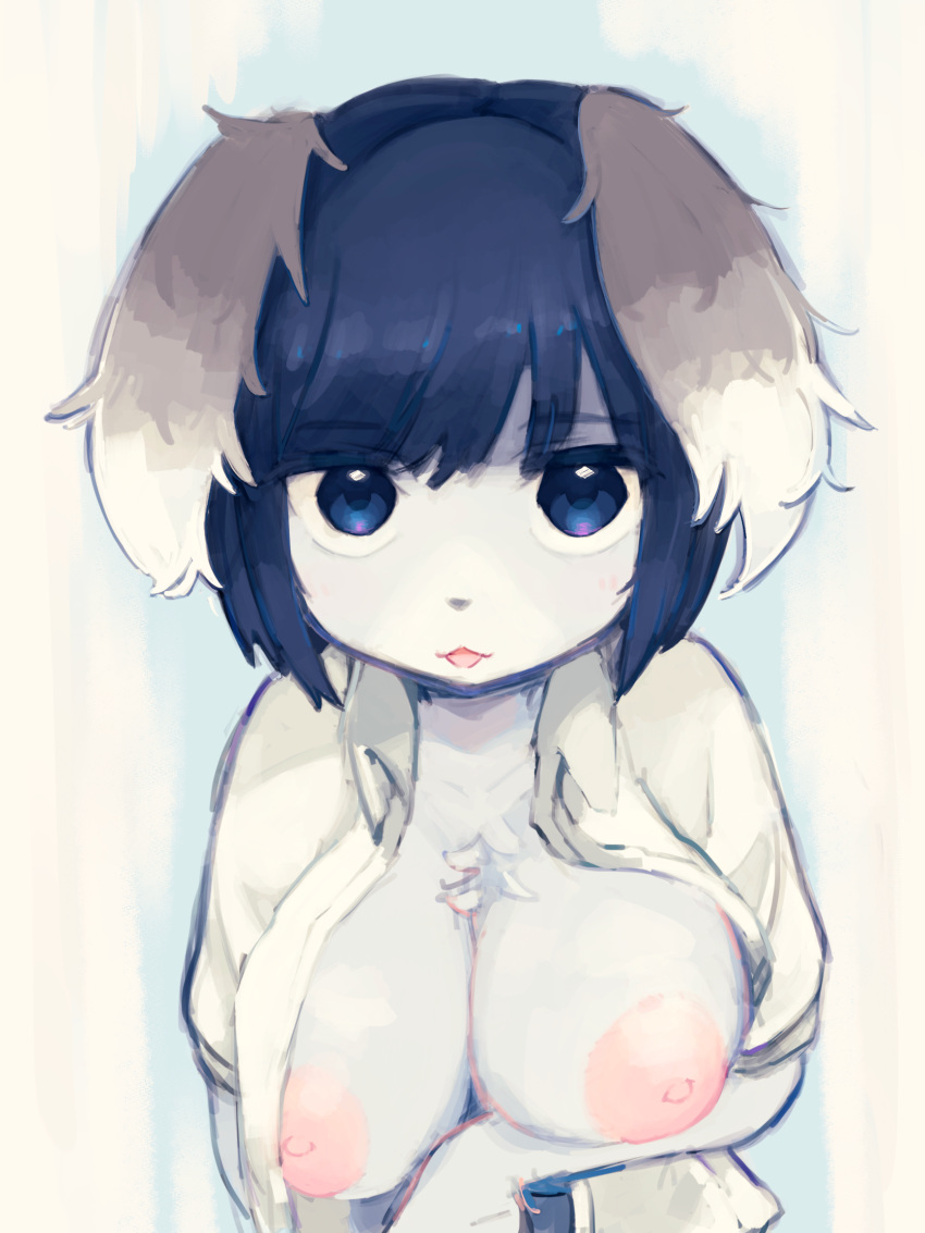 2022 3:4 anthro areola arm_under_breasts big_breasts blue_eyes blue_hair breasts canid canine canis clothed clothing digital_media_(artwork) domestic_dog exposed_breasts female female_anthro floppy_ears fur grey_body grey_fur hair half-length_portrait hi_res inverted_nipples kemono looking_at_viewer mammal nipples partially_clothed popothin portrait puffy_areola short_hair solo white_body white_fur