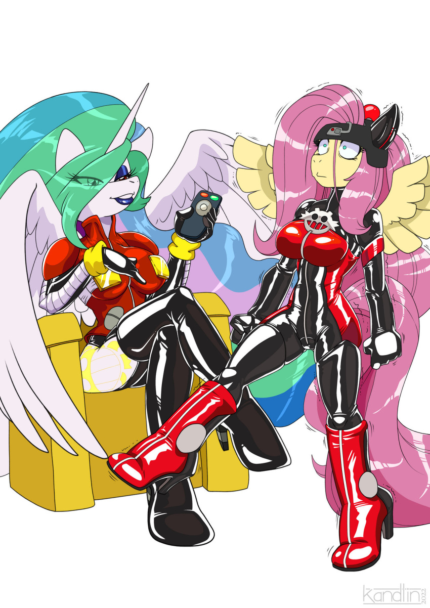 2022 5_fingers anthro big_breasts black_bodysuit black_latex blue_eyes blue_eyeshadow blue_lipstick boots breast_size_difference breasts chair clothing controller corruption duo earth_pony eggman_empire eggman_logo equid equine eye_through_hair eyeshadow female fingers fluttershy_(mlp) footwear friendship_is_magic furniture glistening_rubber gloves hair handwear hasbro hi_res high_heeled_boots high_heels horn horse kandlin latex latex_clothing latex_gloves latex_thigh_highs legwear lipstick long_hair makeup mammal medium_breasts mind_control motion_lines my_little_pony pink_hair pony princess_celestia_(mlp) pupils red_latex remote_control rubber rubber_clothing rubber_suit shaking simple_background sitting small_pupils story story_in_description tan_body tan_wings teal_eyes thigh_boots thigh_highs throne translucent translucent_hair trembling white_background white_body white_wings wide_eyed winged_unicorn wings
