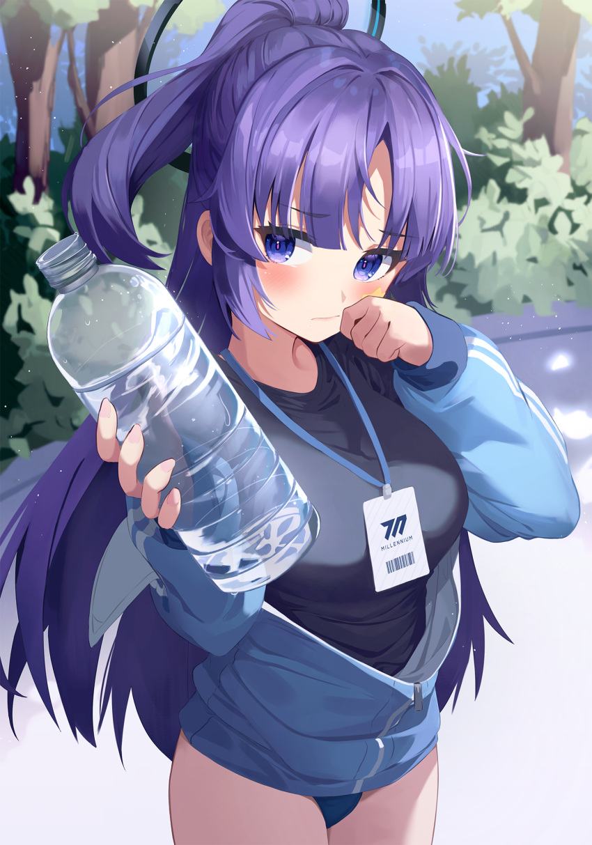 1girl black_shirt blue_archive blue_jacket bottle closed_mouth highres holding holding_bottle jacket lanyard long_hair long_sleeves looking_at_viewer official_alternate_costume outdoors plastic_bottle ponytail purple_eyes purple_hair seero shirt star_sticker sticker_on_face track_jacket water_bottle yuuka_(blue_archive) yuuka_(gym_uniform)_(blue_archive)