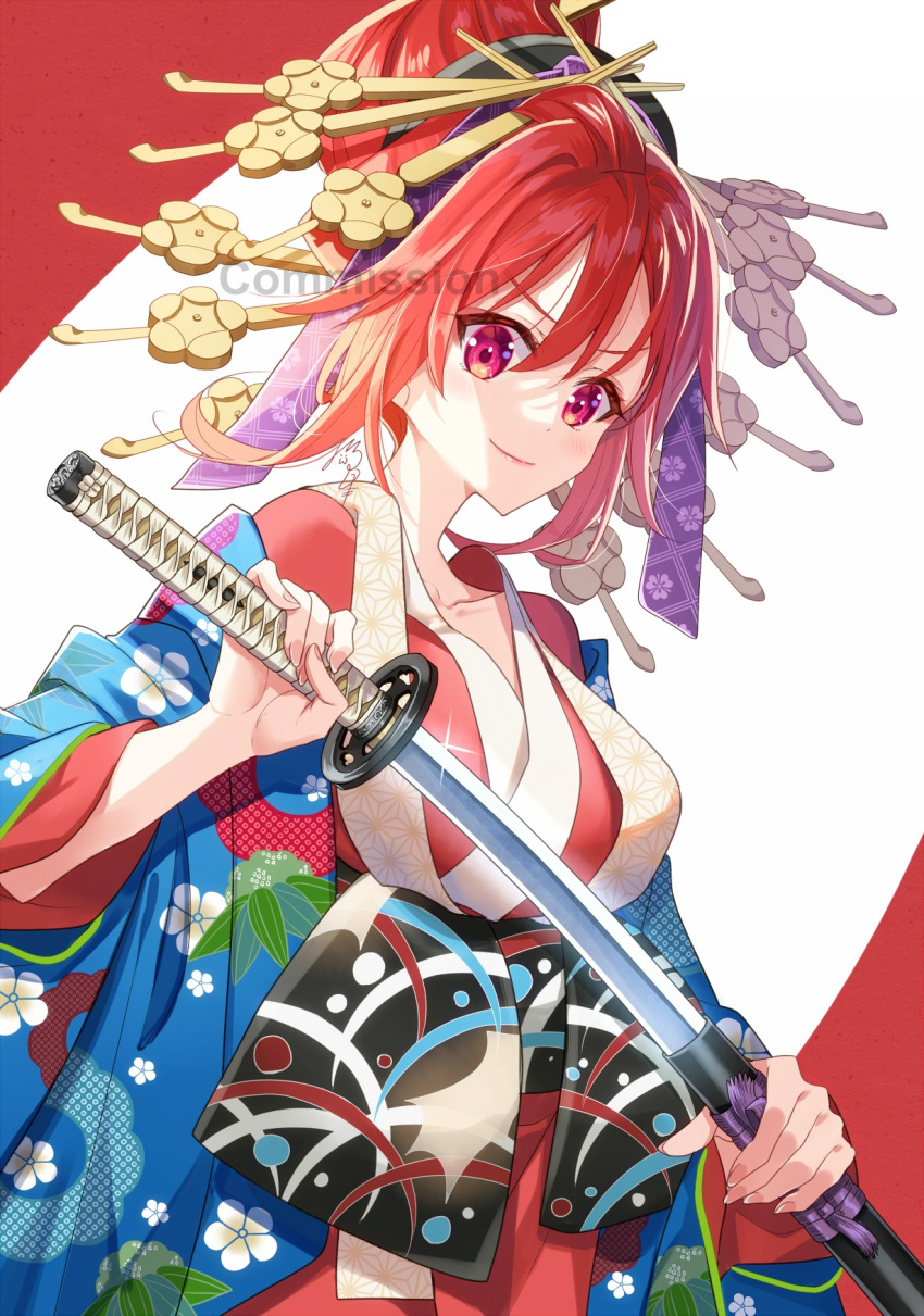 1girl bangs character_request closed_mouth commission floral_print hair_between_eyes highres holding holding_sword holding_weapon japanese_clothes katana kimono long_sleeves maou_no_hajimekata_(dmm) nekozuki_yuki open_clothes red_background red_eyes red_hair red_kimono sheath skeb_commission smile solo sword two-tone_background unsheathing watermark weapon white_background wide_sleeves