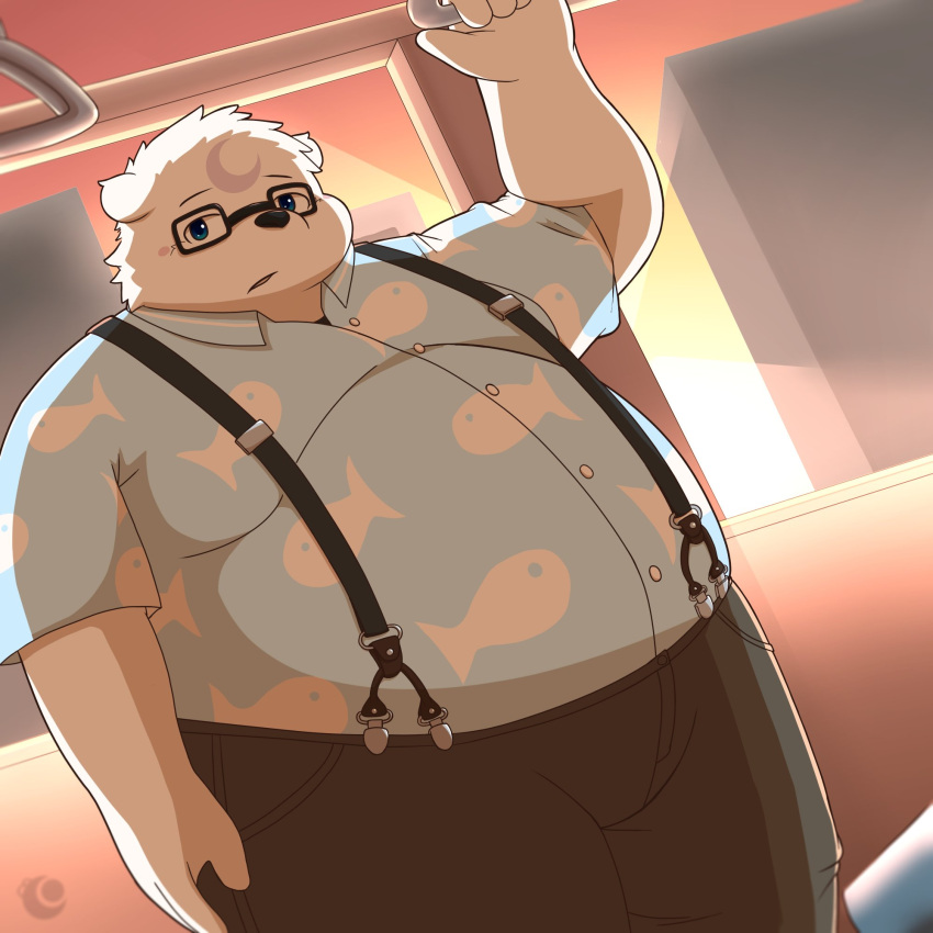 2022 anthro bear belly big_belly bottomwear clothing detailed_background eyewear glasses hi_res humanoid_hands kemono male mammal obese obese_male overweight overweight_male pants shirt solo suspenders topwear tsukikuma0808