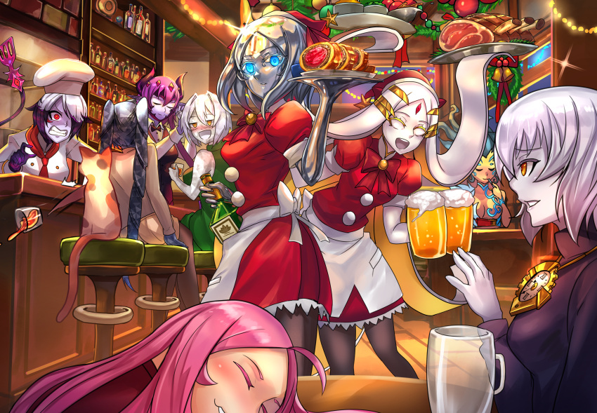 6+girls absurdres ahoge alcohol bar_(place) bartender beer beer_mug blonde_hair blue_eyes cat chef_hat christmas clenched_teeth colored_eyelashes colored_inner_hair colored_skin cup demon_girl demon_horns demon_tail dress drunk dryad english_commentary food glowing glowing_eyes golem hair_over_one_eye hat highres horns ibenz009 indoors jewelry mercury_(element) metal_skin monster_girl mug multicolored_hair multiple_girls necklace original pink_hair plate purple_hair purple_skin red_eyes ribbon santa_dress santa_hat slime_girl steak tail teeth white_hair white_skin winter yellow_eyes