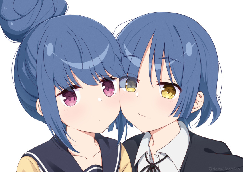 2girls bangs black_ribbon blue_hair bocchi_the_rock! cheek-to-cheek closed_mouth collared_shirt color_connection hair_bun hair_color_connection heads_together jacket mole mole_under_eye multiple_girls neck_ribbon nekosination purple_eyes ribbon school_uniform shima_rin shirt short_hair simple_background single_hair_bun smile trait_connection white_background white_shirt yamada_ryou yellow_eyes yurucamp