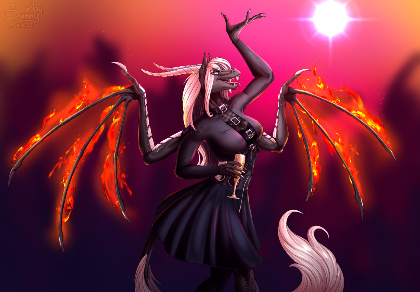 alcohol anthro beverage breasts champagne champagne_glass clothing costume dancing digital_drawing_(artwork) digital_media_(artwork) dragon female fire horn open_mouth party patreon pinup pose reward scalie sexy_cloths smile solo spread_wings sunny_way western_dragon wings