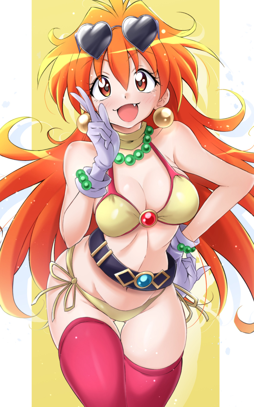 1girl bead_necklace beads bikini blush earrings eyewear_on_head fang gloves heart heart-shaped_eyewear highres jewelry kirisaki_reina lina_inverse long_hair looking_at_viewer navel necklace open_mouth orange_eyes orange_hair red_thighhighs slayers smile solo sunglasses swimsuit thighhighs two-tone_background v white_background white_gloves yellow_background