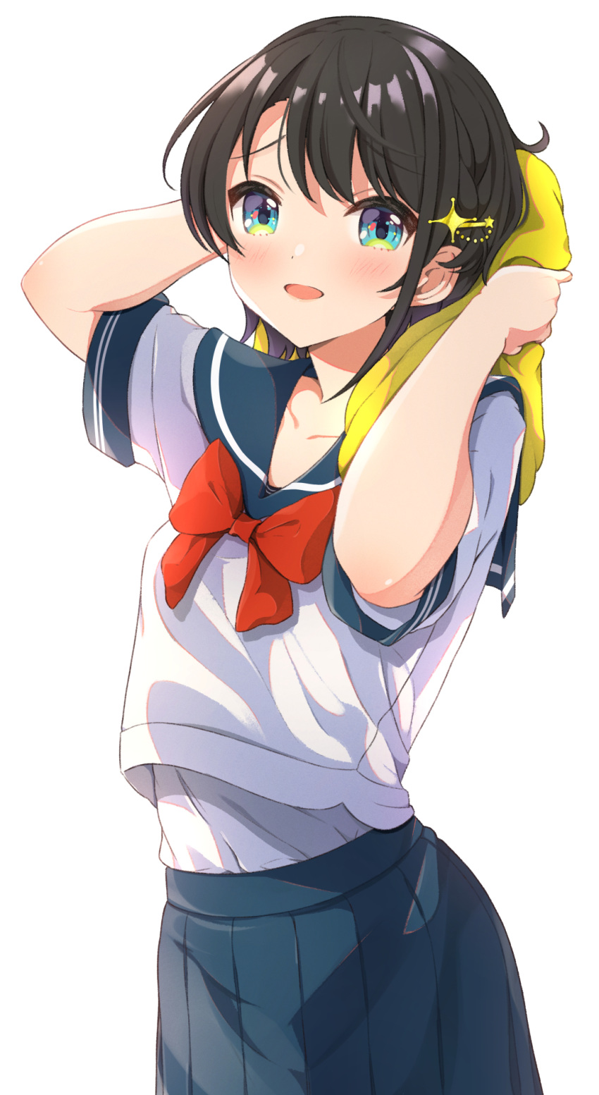 1girl :d bangs black_hair blue_eyes blue_sailor_collar blue_skirt blush bow bowtie collarbone hair_between_eyes highres hololive looking_at_viewer oozora_subaru open_mouth pleated_skirt red_bow red_bowtie sailor_collar sailor_shirt shiny shiny_hair shirt short_hair short_sleeves simple_background skirt smile solo standing suzushika_(13_96) towel virtual_youtuber white_background white_shirt