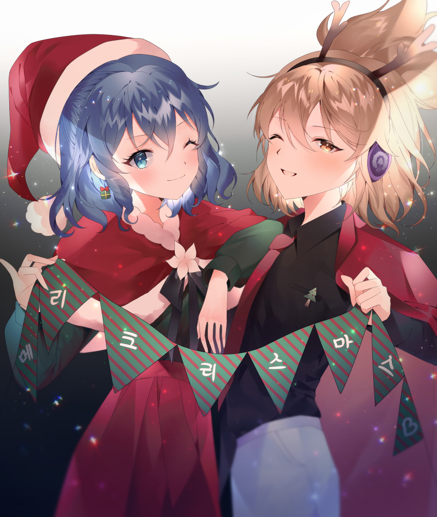 2girls absurdres antlers black_shirt blonde_hair blue_eyes blue_hair brown_eyes christmas christmas_present christmas_tree earrings gift hat heart highres j_(ppxx3543) jacket jewelry kaku_seiga korean_text multiple_girls necktie one_eye_closed pants red_jacket red_necktie red_skirt reindeer_antlers santa_hat shirt skirt smile touhou toyosatomimi_no_miko white_pants