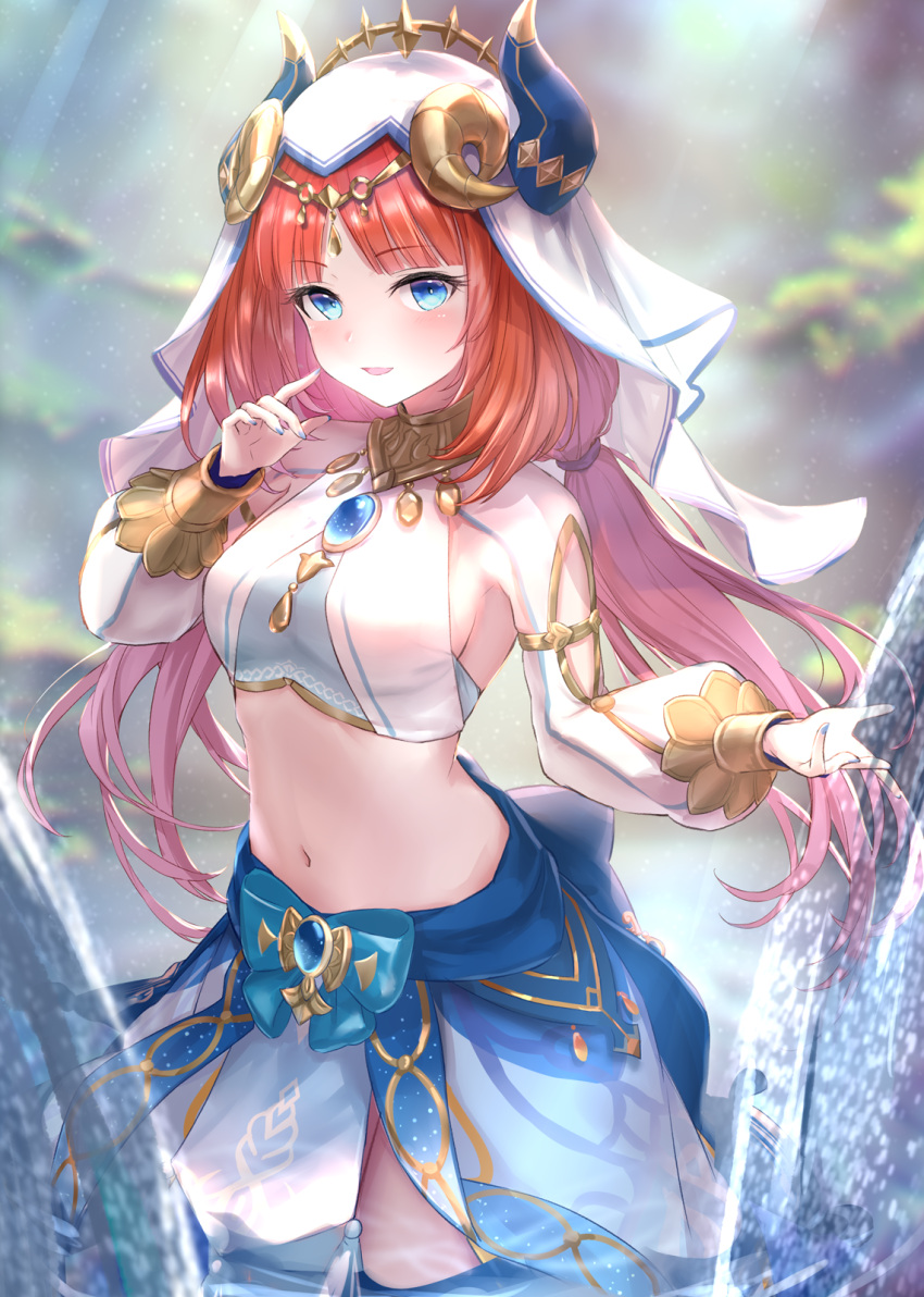 1girl bangs blue_bow blue_eyes blue_gemstone blue_nails blurry blurry_background blush bow bracer breasts brooch circlet commentary_request cowboy_shot crop_top fake_horns gem genshin_impact hand_up harem_outfit highres horns index_finger_raised jewelry kachayori long_hair long_sleeves looking_at_viewer low_twintails medium_breasts nail_polish navel neck_ring nilou_(genshin_impact) outdoors parted_bangs parted_lips pelvic_curtain puffy_long_sleeves puffy_sleeves red_hair sideboob skirt smile solo stomach tassel thighs twintails veil wading water white_headwear white_sleeves
