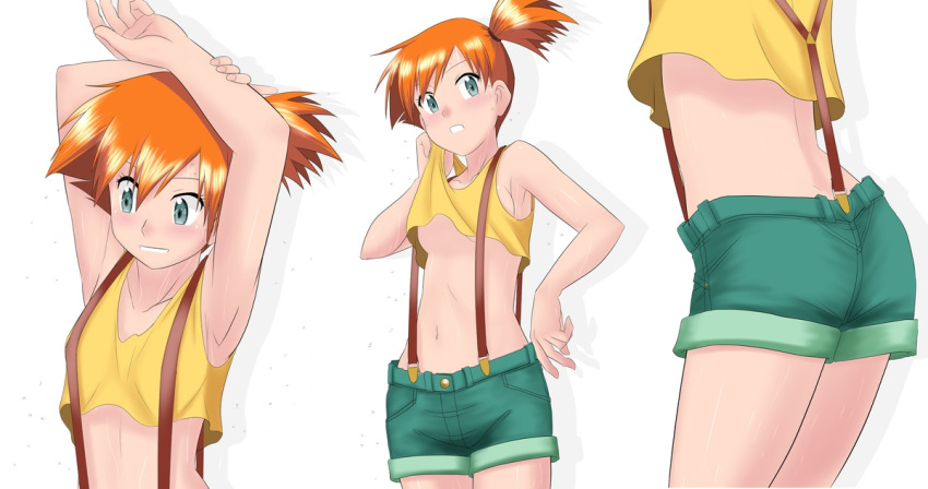 1girl aqua_shorts armpits arms_up bangs bare_arms blue_eyes blush breasts clenched_teeth collarbone commentary_request cowboy_shot crop_top crop_top_overhang hair_between_eyes midriff misty_(pokemon) navel one_side_up orange_hair pokemon pokemon_(anime) pokemon_(classic_anime) shadow shiny shiny_hair short_hair short_shorts shorts sideboob small_breasts solo stomach suspender_shorts suspenders sweat takaya_n teeth variant_set white_background yellow_crop_top