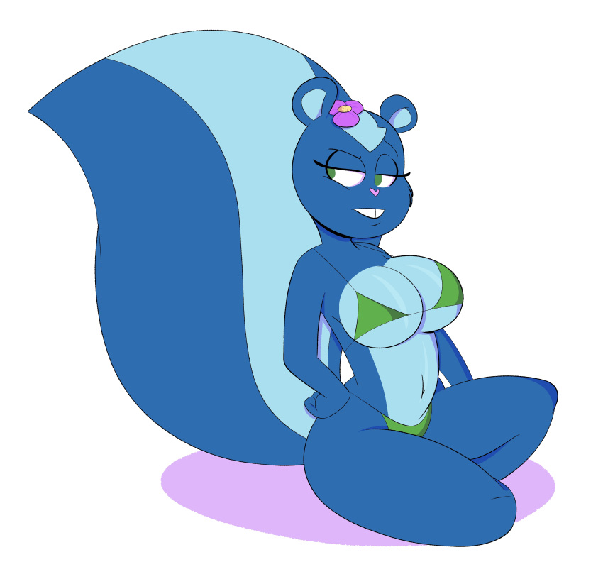 2021 absurd_res anthro big_breasts bikini blue_body blue_fur blue_tail breasts clothing digital_drawing_(artwork) digital_media_(artwork) female flower_accessory fur green_eyes hand_on_hip happy_tree_friends hi_res looking_away mammal mephitid navel no_pupils petunia_(htf) pink_nose simple_background sitting skunk solo swimwear tempson two_tone_tail white_background