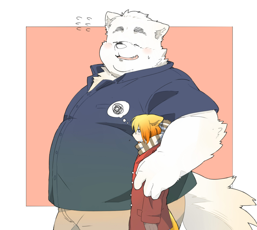 2022 anthro belly big_belly blush bottomwear canid canine canis clothing domestic_dog duo eyes_closed hi_res inunoshippo kemono male mammal overweight overweight_male pants scarf shirt size_difference sweater topwear