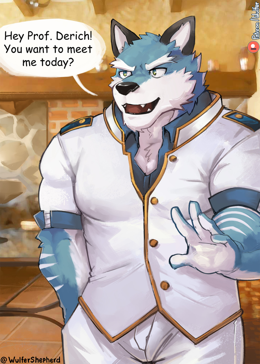 absurd_res anthro argo_(knights_college) blue_body blue_fur canid canine canis clothed clothing fur hi_res knights_college male mammal muscular solo text video_games visual_novel white_body white_fur wulfer-shepherd