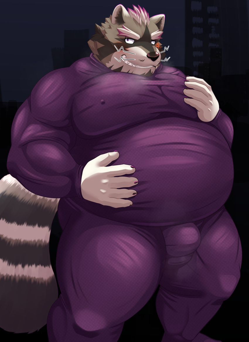 2022 absurd_res anthro belly big_belly blush bulge clothing hi_res hisashiyo_0705 humanoid_hands kemono lifewonders live-a-hero male mammal overweight overweight_male procyonid raccoon skinsuit solo tight_clothing viscunam