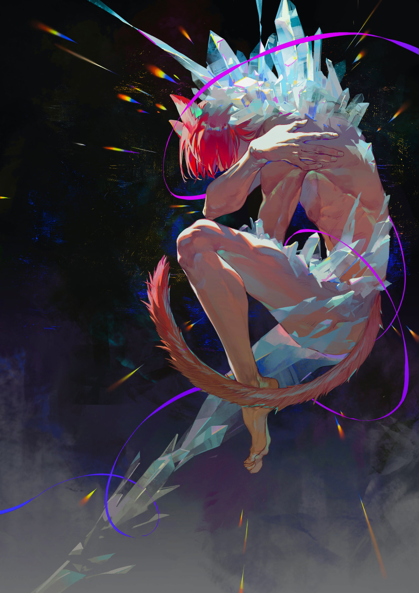 1boy abstract absurdres animal_ears bangs black_background cat_boy cat_ears cat_tail completely_nude covered_face crystal crystallization curled_up final_fantasy final_fantasy_xiv floating from_side full_body g'raha_tia hair_over_eyes hand_on_own_shoulder highres lege_bushi_shiwu light_particles male_focus miqo'te nude pectorals purple_ribbon realistic red_hair ribbon short_hair solo tail toned toned_male transformation